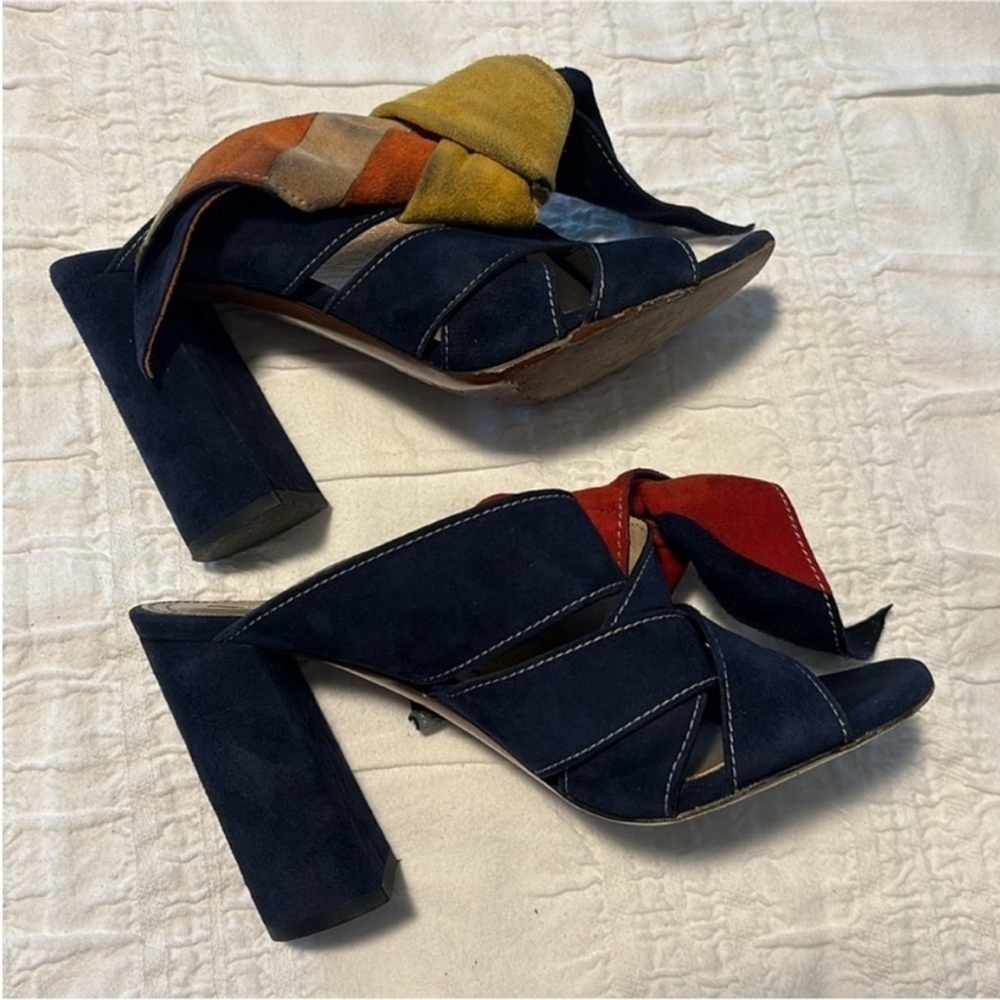 Chloé Nellie Suede Sandals Slip On Block Heel Knot Detail Navy Blue Women's US 5 - Picture 3 of 13